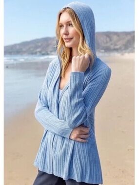 Barefoot Dreams 1X Lake Blue CozyChic Ultra Lite Namaste Rib Hooded Cardigan NWT